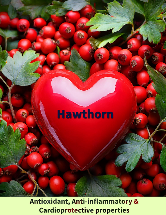 Hawthorn berries and leaves, a natural heart health booster, supporting circulation, blood pressure regulation, and cardiovascular function.