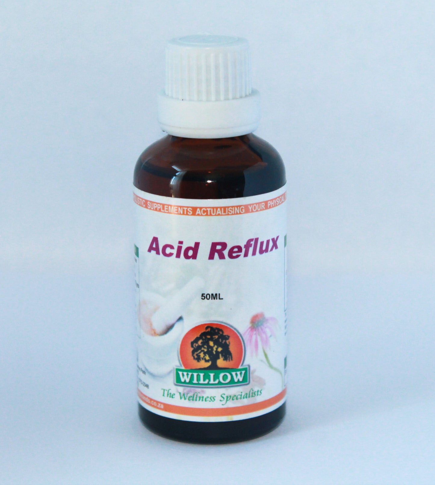 Acid reflux tincture bottle, 50 mL, amber liquid, white ribbed cap