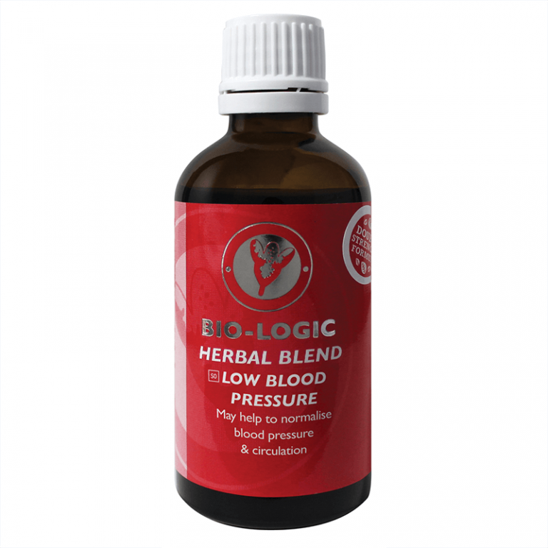 Bio Logic herbal blend bottle, amber liquid, white cap, red label for low blood pressure