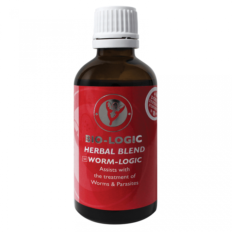 Bio-Logic herbal blend worm-logic supplement bottle, amber liquid, red label, white cap