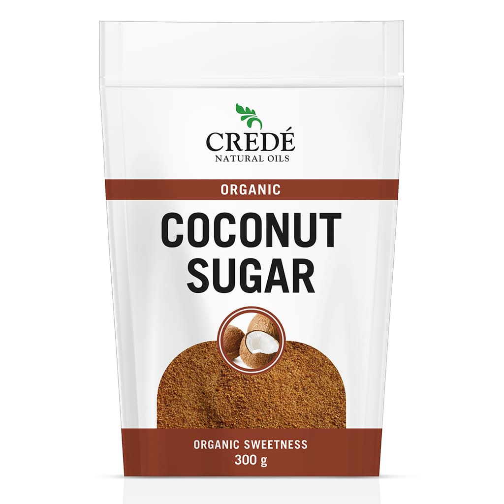 Crede Organic Coconut Sugar in a resealable bag, showcasing the fine, golden-brown granules, ideal for baking and sweetening beverages.