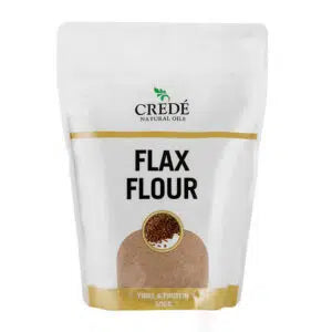 Crede Flax Flour in a resealable bag, showcasing the fine, brown flour, ideal for gluten-free and low-carb baking.