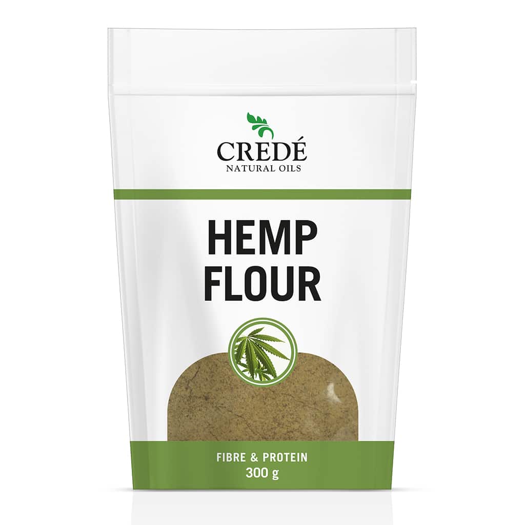 Crede Hemp Flour in a resealable bag, showcasing the finely ground, light brown flour, ideal for gluten-free and high-protein baking.