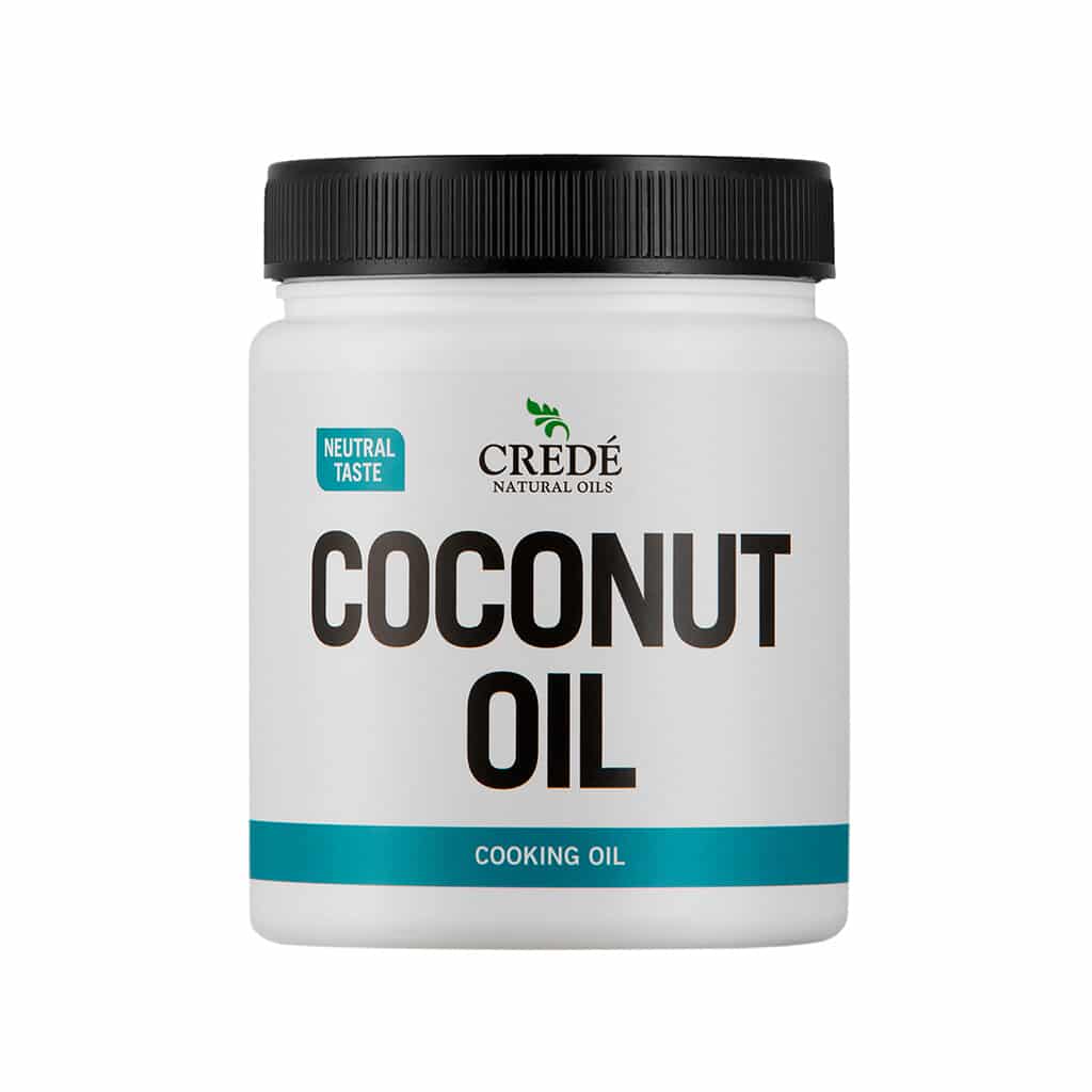 Crede Odourless Coconut Oil in a clear jar with a white label, showcasing the pure, white, solid oil, perfect for cooking and skin care.