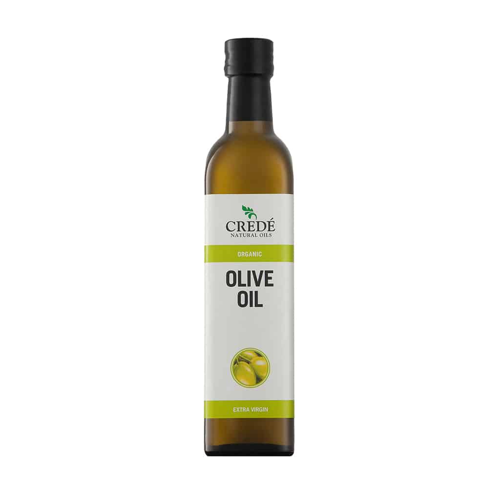 Crede Organic Olive Oil in a dark green bottle with a pour spout, showcasing the golden-green oil, ideal for cooking and salads.