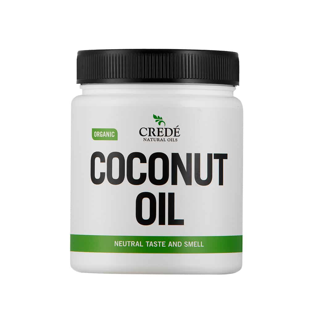 Crede Organic Odourless Coconut Oil in a clear jar with a white label, showcasing the pure, white, solid oil, perfect for cooking and skin care.
