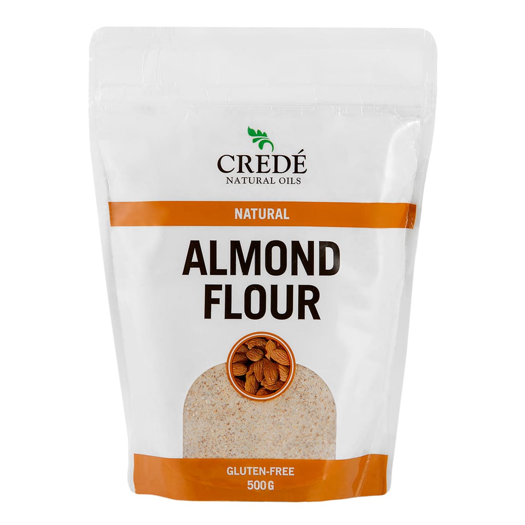 Crede Almond Flour in a clear resealable bag, showcasing the finely ground, light-colored almond flour, perfect for gluten-free baking.