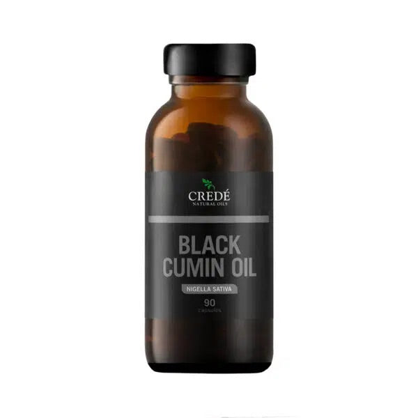 Crede Black Cumin Oil in a dark amber bottle with a dropper cap, showcasing the rich, dark-colored oil, ideal for immune support and skin health.