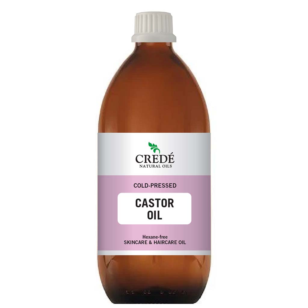 Crede Castor Oil in a clear bottle with a pump dispenser, showcasing the thick, pale yellow oil, perfect for hair and skin care.