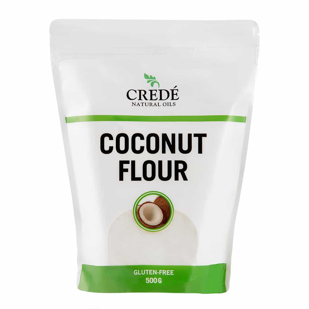 Crede Coconut Flour in a resealable bag, showcasing the fine, white flour, perfect for gluten-free and low-carb baking.