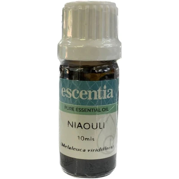 A bottle of Escentia Niaouli Pure Essential Oil with niaouli leaves, highlighting its antiseptic, respiratory, and immune-boosting benefits.
