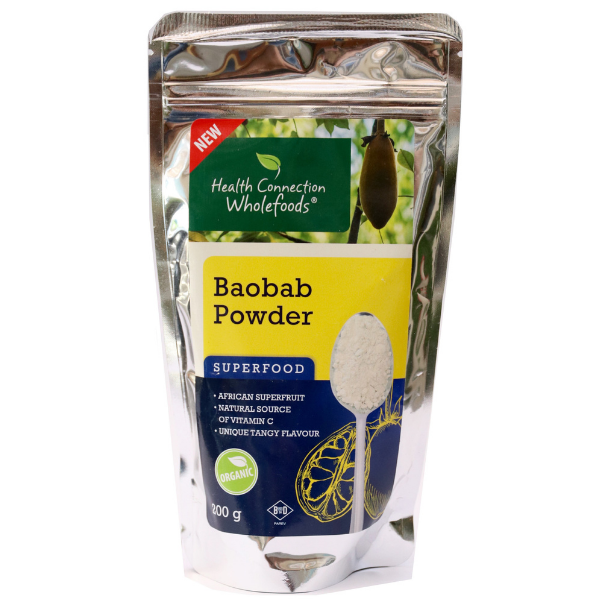Health Connection Baobab Powder in a 200g package, showcasing nutrient-dense superfood powder made from the baobab fruit.