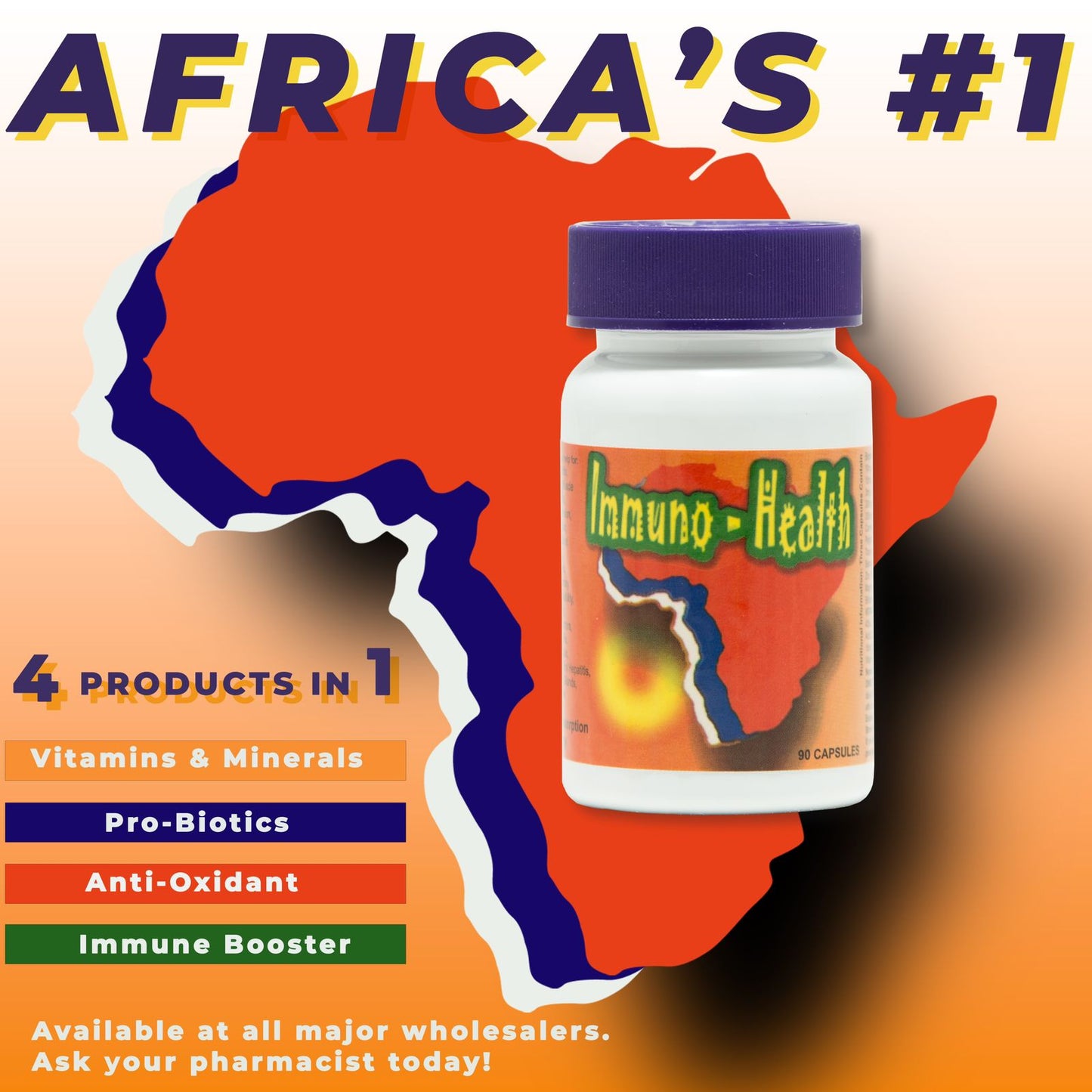 Immuno-Health supplement bottle for boosting immune system with vitamins, minerals, and antioxidants.