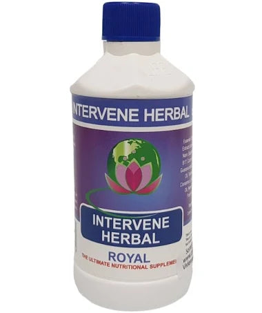 Intervene Herbal Royal Blue Cap 250ml, a premium immune support and detox supplement with essential oils and botanical extracts.