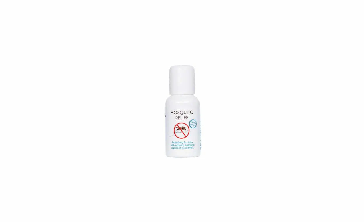 Mosquito relief spray bottle, 50 ml, with white cap and blue label.