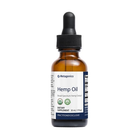 Metagenics Hemp Oil bottle with organic hemp extract.