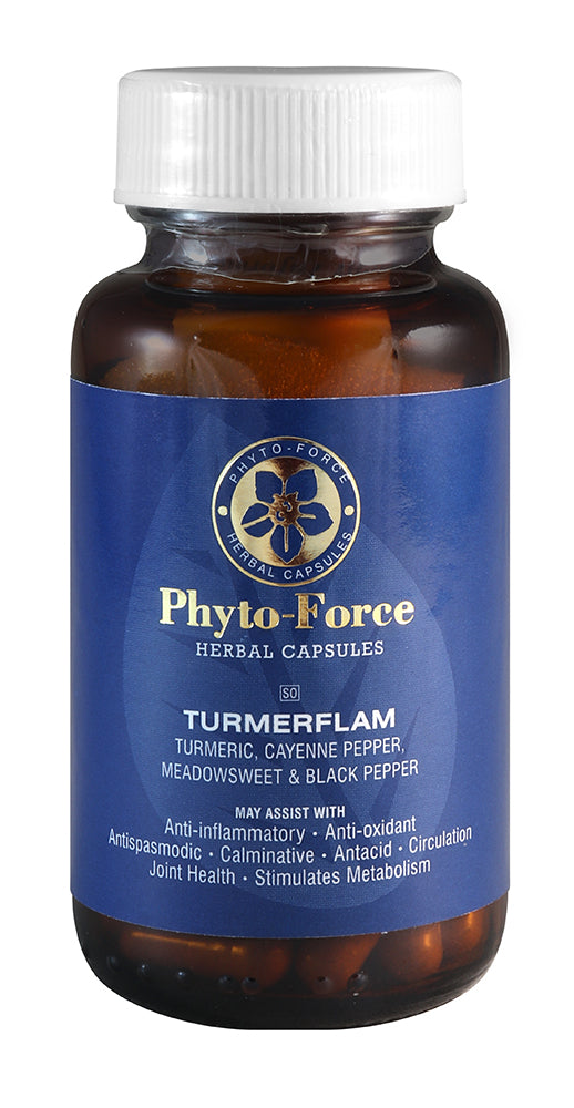 Amber herbal capsule bottle with white cap; Phyto-Force Turmerflam label