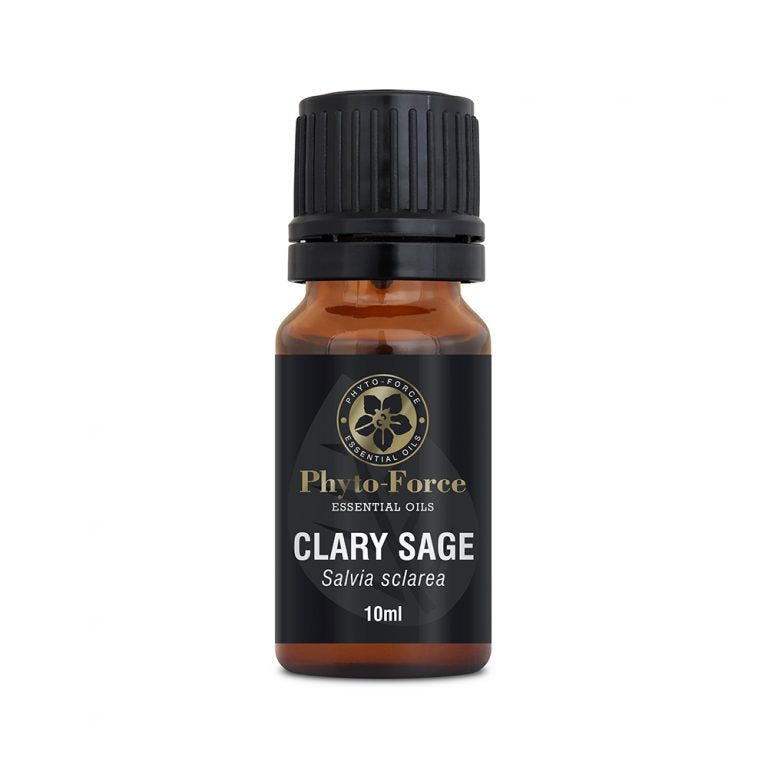 Bottle of Phyto-Force Organic Clary Sage Essential Oil with label, ideal for hormonal balance and stress relief.