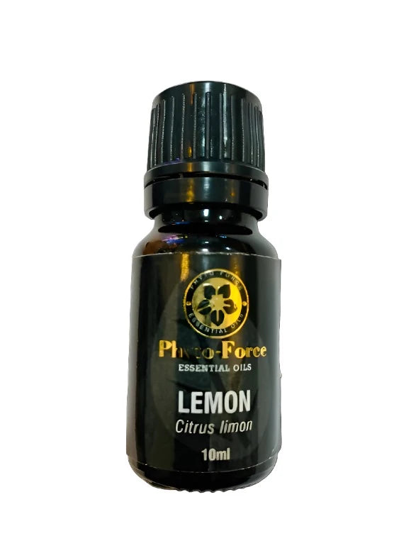 Bottle of Phyto-Force Organic Lemon Essential Oil with label, ideal for cleansing and mood enhancement.