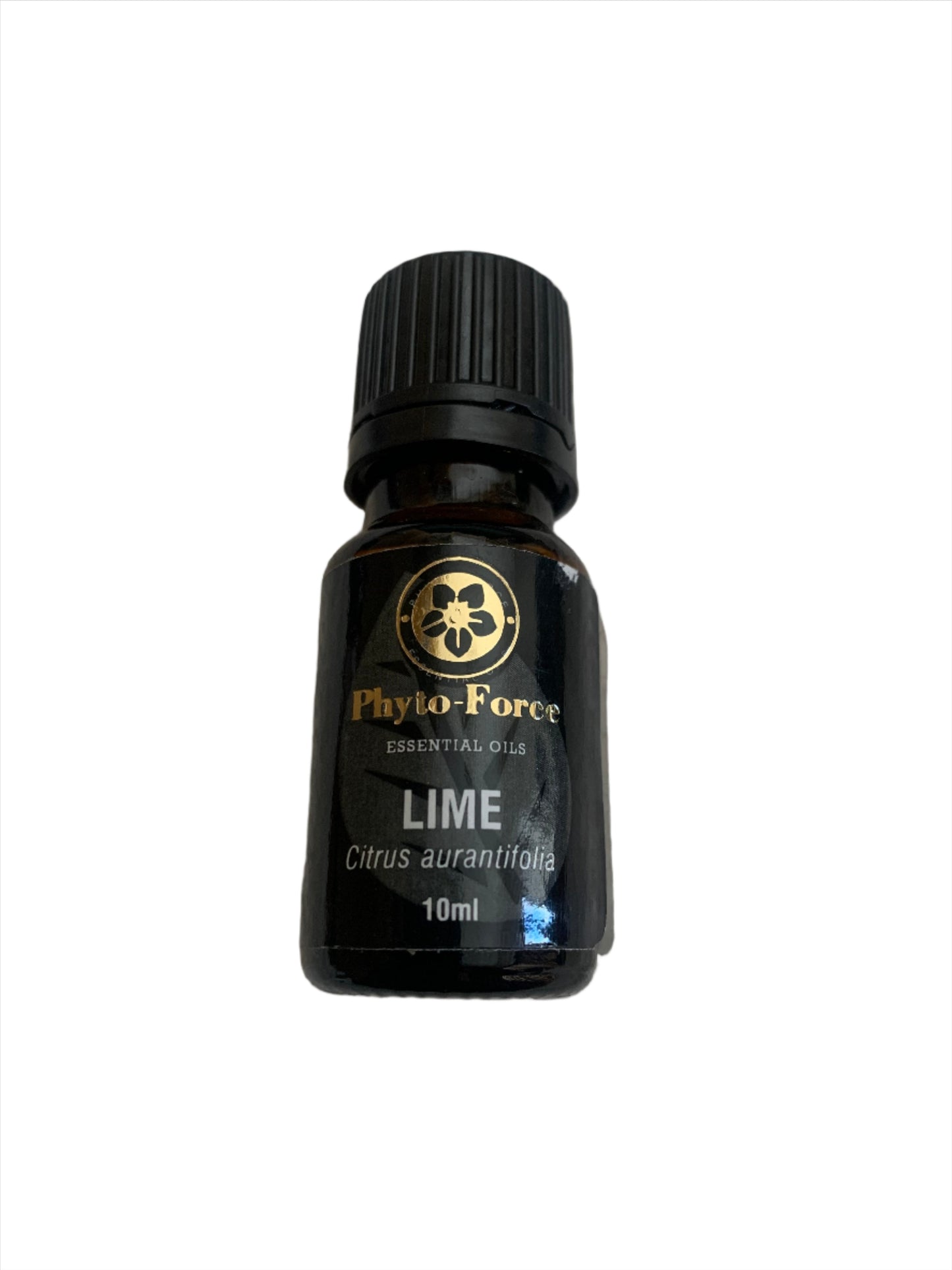 A bottle of Phyto-Force Organic Lime Essential Oil with its natural and organic label, placed next to fresh lime slices.