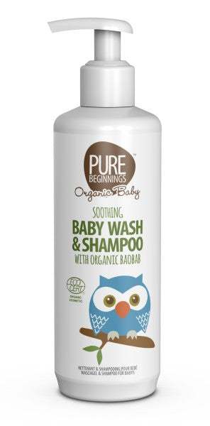 Pure Beginnings Soothing Baby Wash & Shampoo 250ml bottle with organic Aloe Vera and Marula oil for delicate baby skin