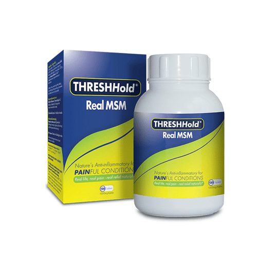 Bottle of Thresh-hold Real MSM tablets with 1000 mg of MSM per tablet.
