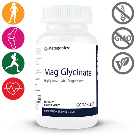 Mag Glycinate - Superior absorbable magnesium bis-glycinate chelate for muscle relaxation and nervous system support.