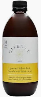 Liposomal Vitamin C supplement bottle, dark amber with black cap and Citrus C label