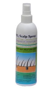Scalp spray bottle with pump, blue label, clear liquid