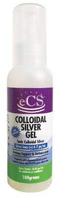 Colloidal silver gel bottle, 100g, purple label with eCS branding and usage details