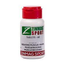 Zinmag Sport tablets bottle with red cap; label reads muscle building formula.
