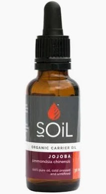 Amber jojoba oil bottle with dropper, SOIL label and organic carrier oil text