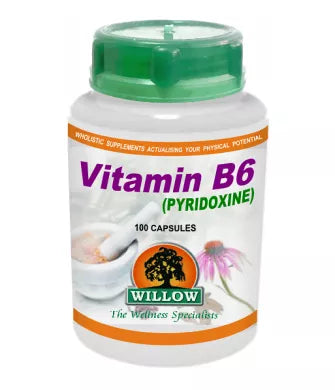 Vitamin B6 supplement bottle with green cap, white label, 100 capsules