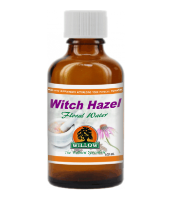 Amber witch hazel floral water bottle with white screw cap and label