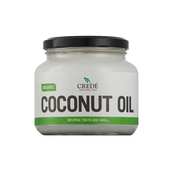Crede Organic Odourless Coconut Oil in a clear jar with a white label, showcasing the pure, white, solid oil, perfect for cooking and skin care.
