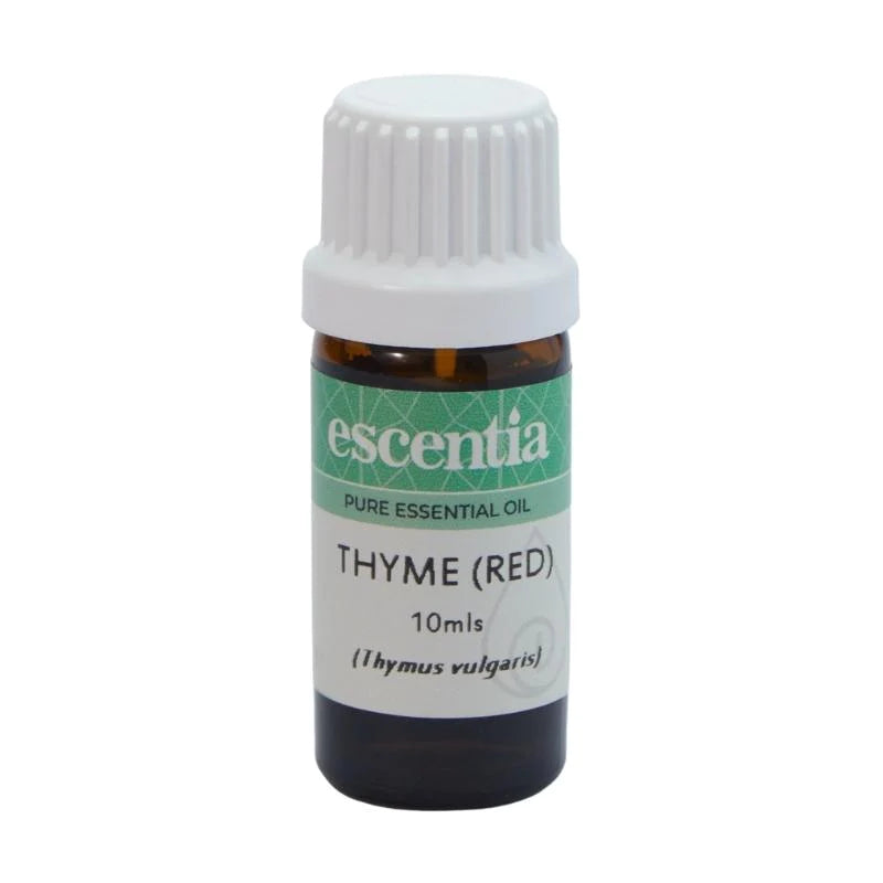 A bottle of Escentia Thyme Pure Essential Oil with thyme leaves and flowers, highlighting its antiseptic, antimicrobial, and immune-boosting benefits.