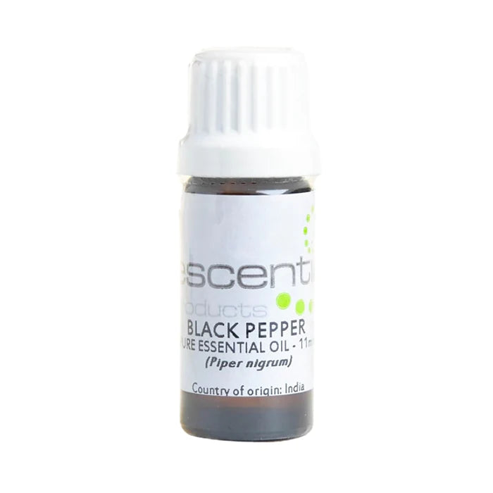 A bottle of Escentia Black Pepper Essential Oil with peppercorns, showcasing its therapeutic benefits for muscle relief, digestion, and circulation.