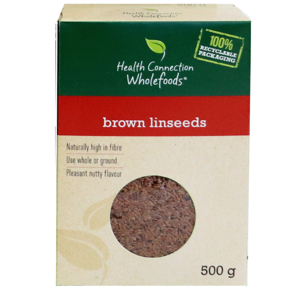 Health Connection Brown Linseeds in a 500g package, showcasing nutrient-rich, fiber-packed seeds perfect for heart and digestive health.