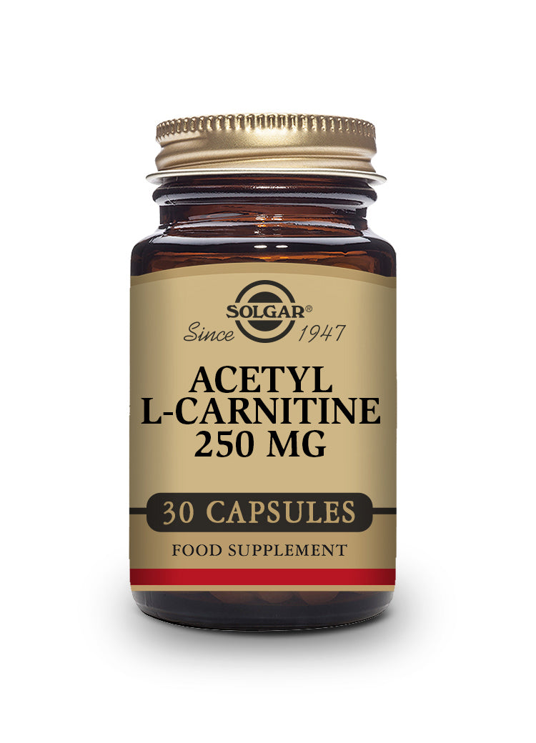 Solgar amber Acetyl L-Carnitine 250 mg supplement bottle, 30 capsules
