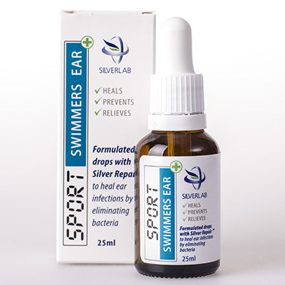 Silverlab swimmers ear drops 25ml bottle with dropper and matching product box