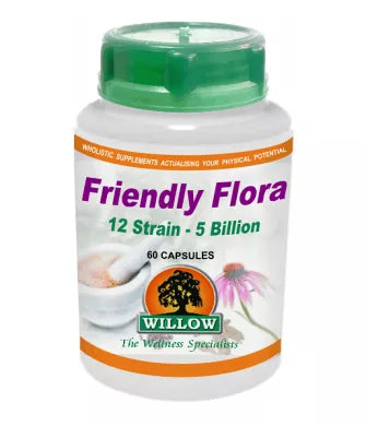 Friendly Flora 12 strain supplement bottle with green cap, 60 capsules label