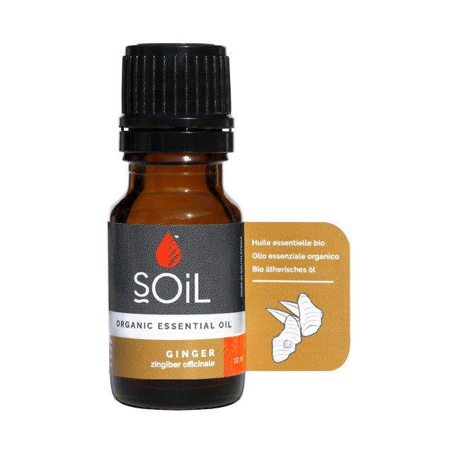 Ginger essential oil 10 ml bottle, amber glass, black cap, Soil label
