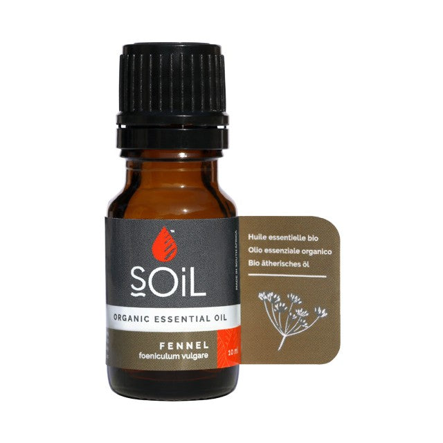Fennel essential oil bottle with amber glass and black cap, Soil label