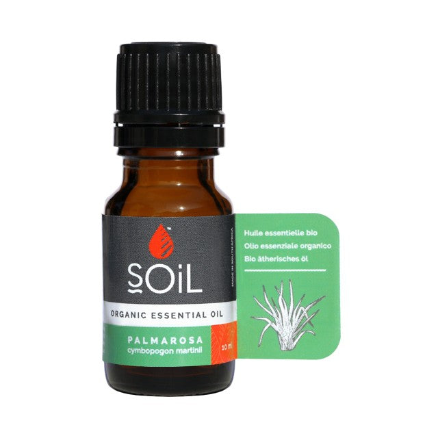 Soil Palmarosa organic essential oil bottle, 10 ml, amber glass with black cap