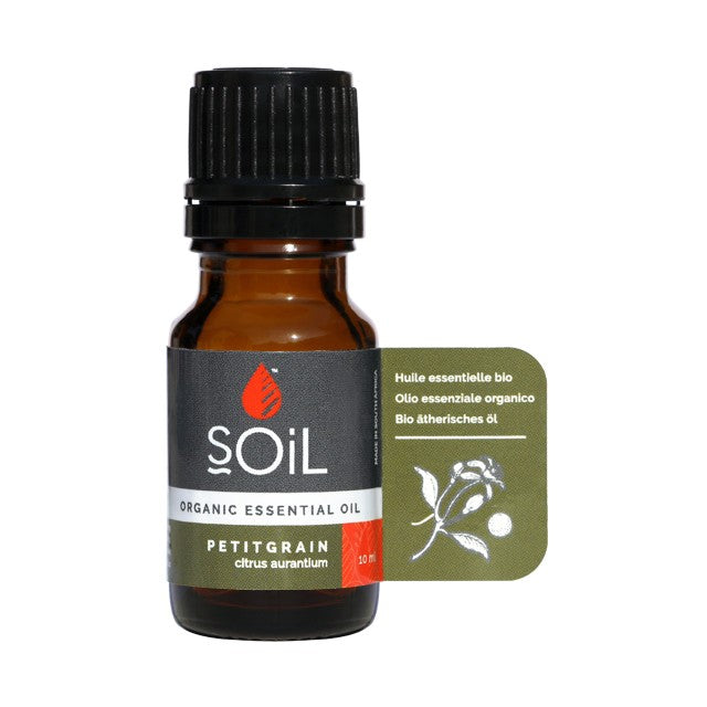 soil petitgrain organic essential oil, 10 ml amber glass bottle with black cap