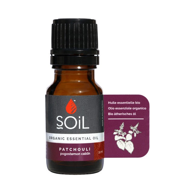 10ml patchouli organic essential oil bottle, amber glass with black ribbed cap
