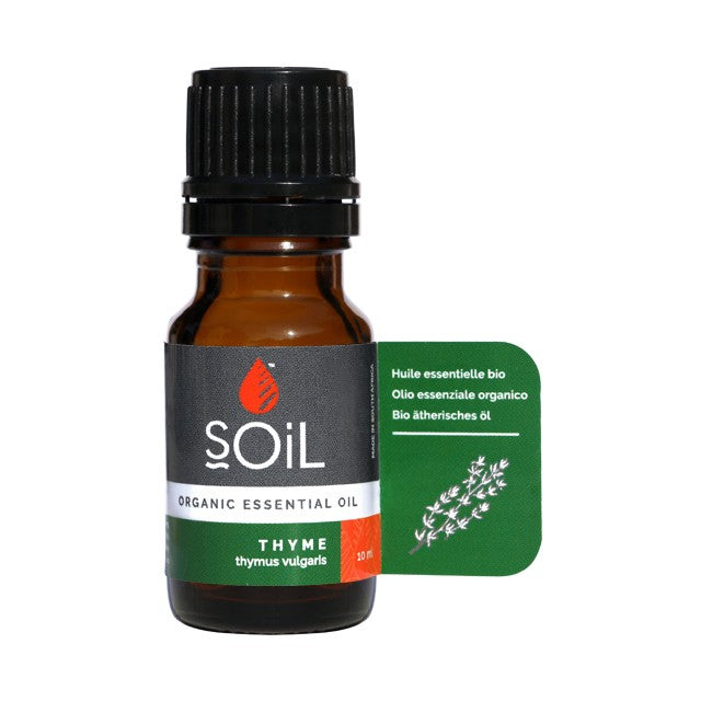 Thyme essential oil bottle, 10 ml amber glass with black cap and green label