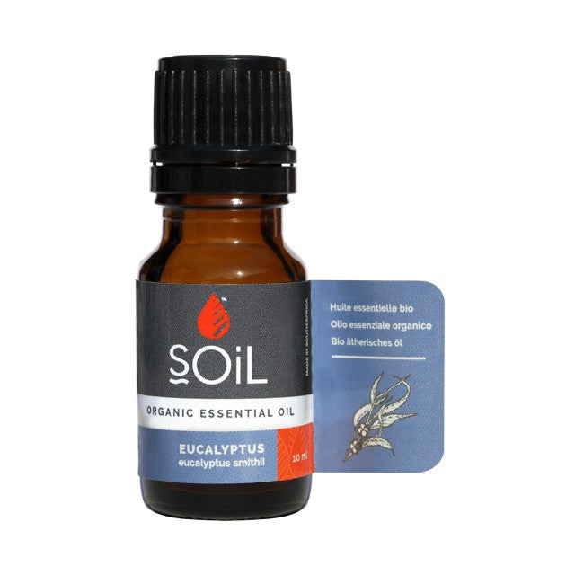 Eucalyptus organic essential oil bottle, amber glass with black cap and 10 ml label