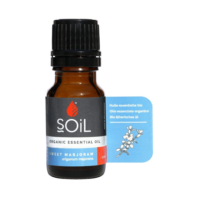 Marjoram essential oil bottle, 10 ml, amber glass with black cap and blue label