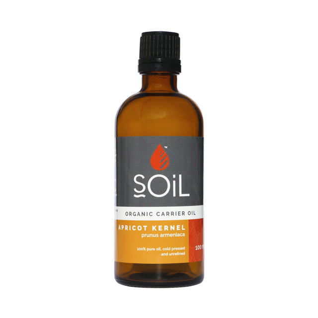 Apricot kernel carrier oil bottle, amber glass with black screw cap